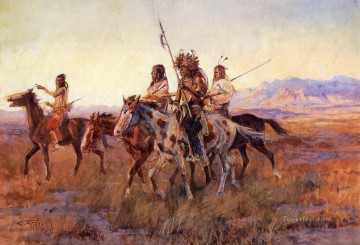  14 Obras - Cuatro indios montados Charles Marion Russell circa 1914 Los indios americanos occidentales Charles Marion Russell